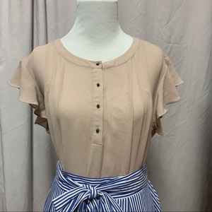 Beige Partial Button up Blouse w/ Flutter Sleeves